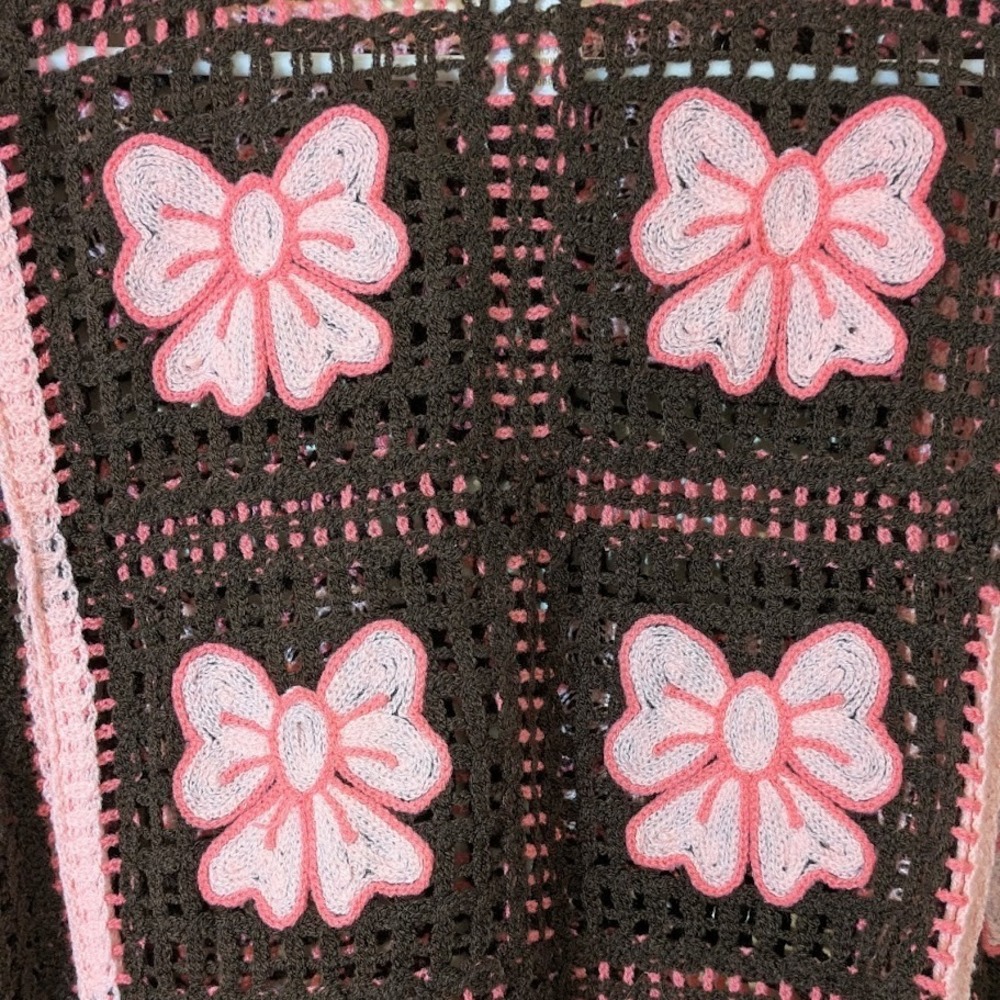 House of Harlow 1960 Crochet Bow Fringe Crop Top Poncho Brown Pink One Size - Picture 5 of 7